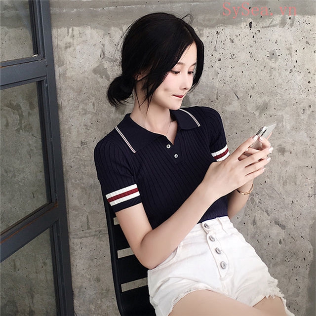Áo thun nữ tay ngắn thiết kế có cổ thanh lịch cá tính