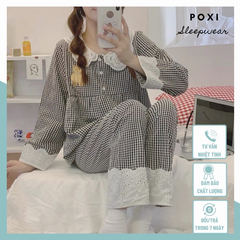 Bộ đồ ngủ tiểu thư gấu cổ bèo hoạ tiết caro cổ đính nút siêu dễ thương