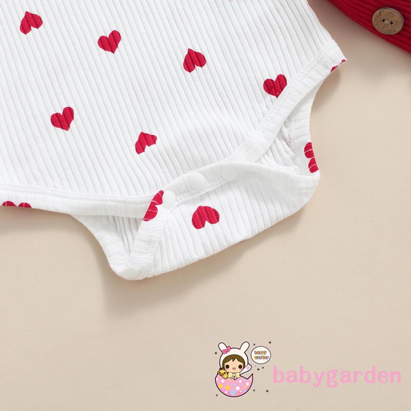 Bộ áo liền quần cổ tròn tay dài phối bèo in họa tiết trái tim kèm đầm yếm thời trang dành cho bé gái