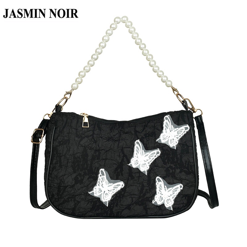Túi Đeo JASMIN NOIR Vai Nắp Gập Vải Canvas Đính Ngọc Trai Nhỏ Nhắn Dành Cho Bạn Nữ