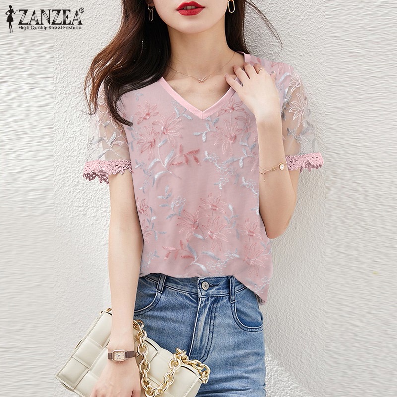 Áo nữ ZANZEA tay ngắn cổ chữ V thời trang thanh lịch