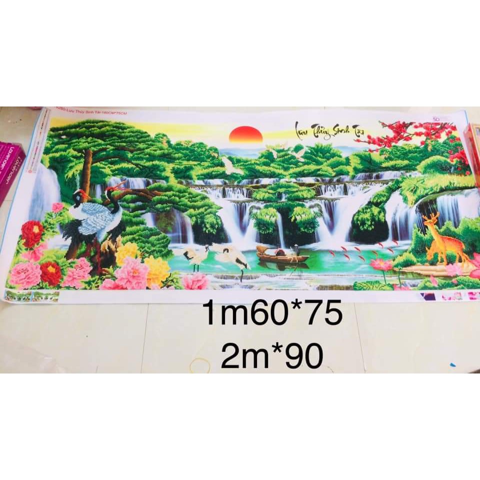 HÀNG LOẠI 1 - Tranh Đính Đá PHONG CẢNH LƯU THỦY SINH TÀI. Kích Thước: 1m2 x 55cm - 1m6 x 75cm - 2m x 90cm