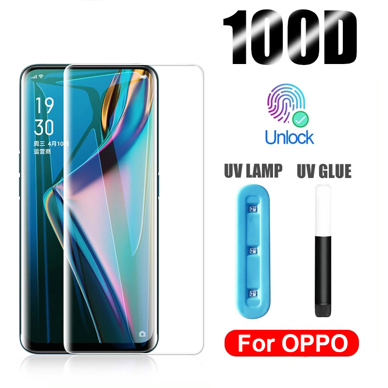 UV Kính Cường Lực Bảo Vệ Màn Hình Dạng Cong Trong Suốt Cho OPPO Reno 8T 5 4 3 Find X6 X5 X3 X2 X Pro 4G 5G