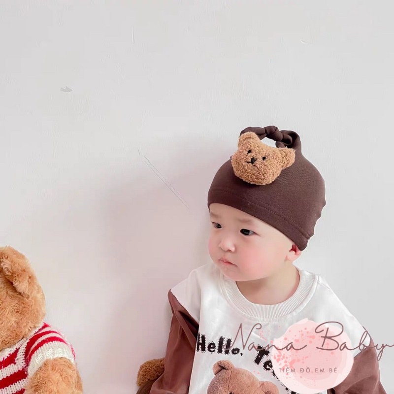 Mũ nón chất cotton thắt nút đính gấu đáng yêu cho bé 0-12m NanaBaby MD63