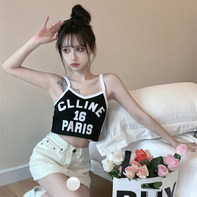 Áo Hai Dây Dệt Kim Ôm Dáng In Chữ Thời Trang Mùa Hè Phong Cách Hàn Quốc Cho Nữ