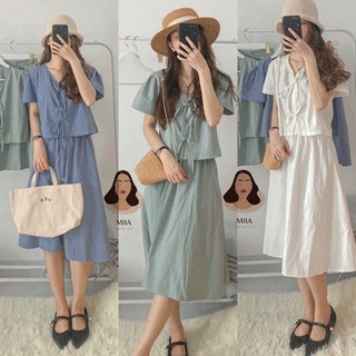 Set áo cột nơ tay bồng chân váy chất thô mềm