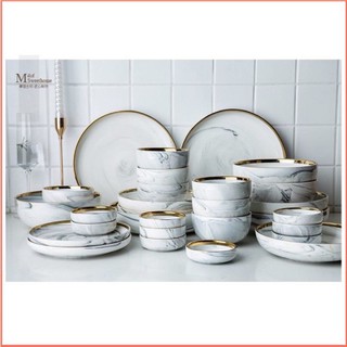 Bộ bát đĩa 26 món vân đá cẩm thạch trắng hồng viền vàng cao cấp sang trọng, phong cách chấu âu