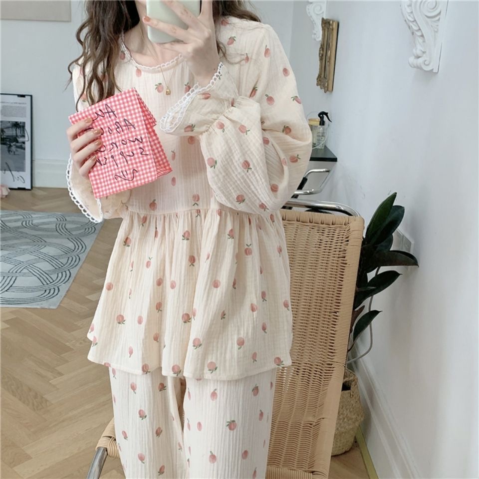 Bộ đồ ngủ dài tay mặc ở nhà tiểu thư hình quả đào dễ thương chất mát Ulzzang
