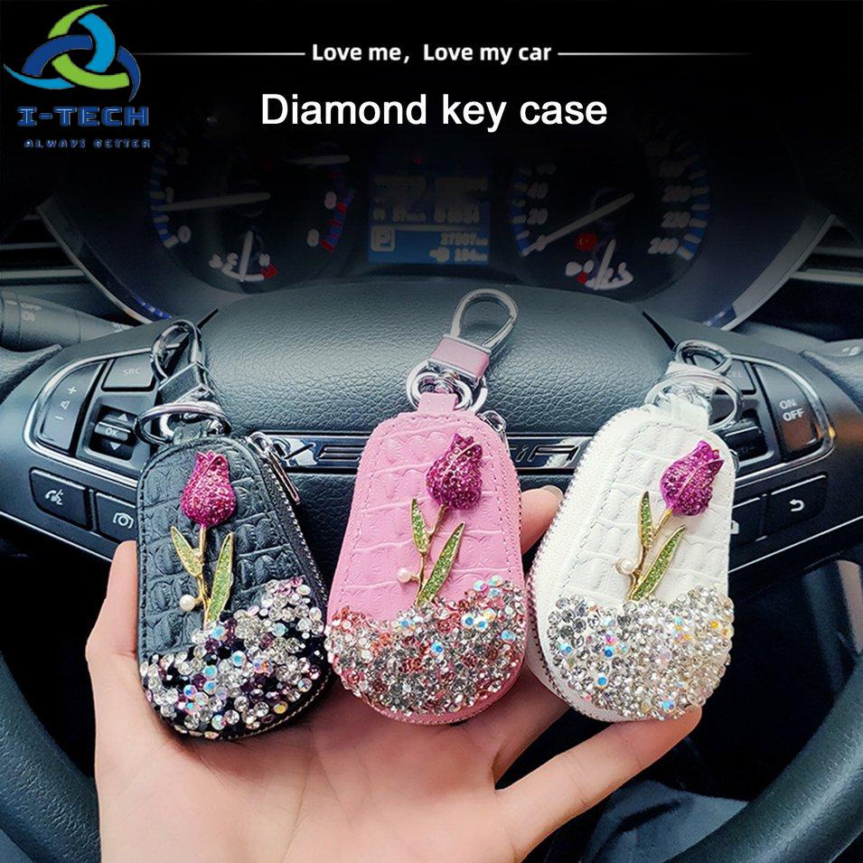 ⚡Khuyến mại⚡Flower Car Key Holder Storage Case Crystal Diamond Key Chains Key Cover