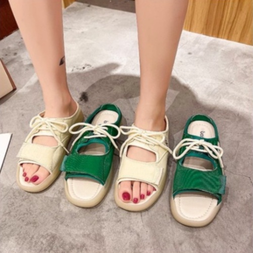 Dép Nữ Ulzzang Vintage, Dép Vải Quai Ngang Khóa Dán Thắt Dây Đế Nhựa 2cm Hàn Quốc, Street Style - Iclassy_shoes