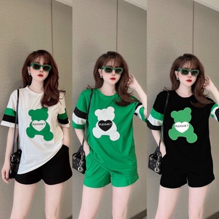 Đồ bộ thun đùi form rộng hình gấu tay phối màu thể thao
