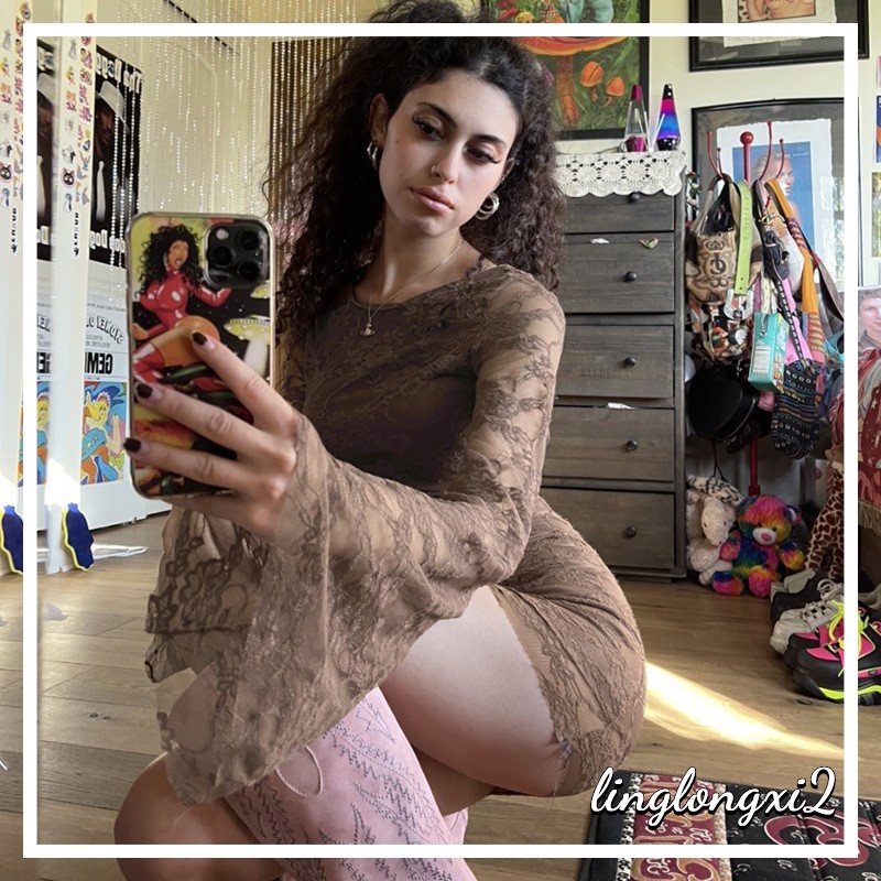 ✫MW✤Women Wrapped Dress, Long Ruffle Sleeve Round Neck See-Through Mesh Lace Casual Party Spring Fall Midi
