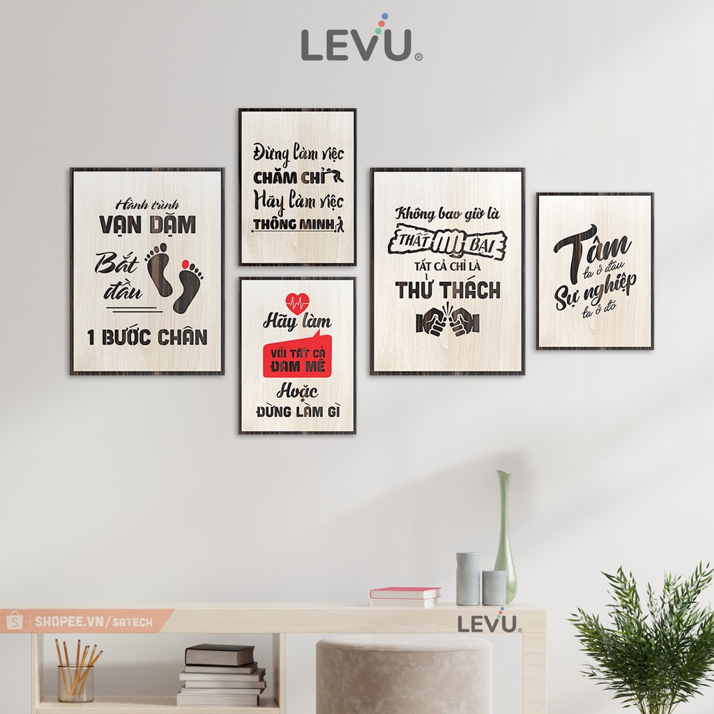 Bộ tranh tạo động lực 5 tấm treo tường bằng gỗ bố cục đẹp đơn giản SB5
