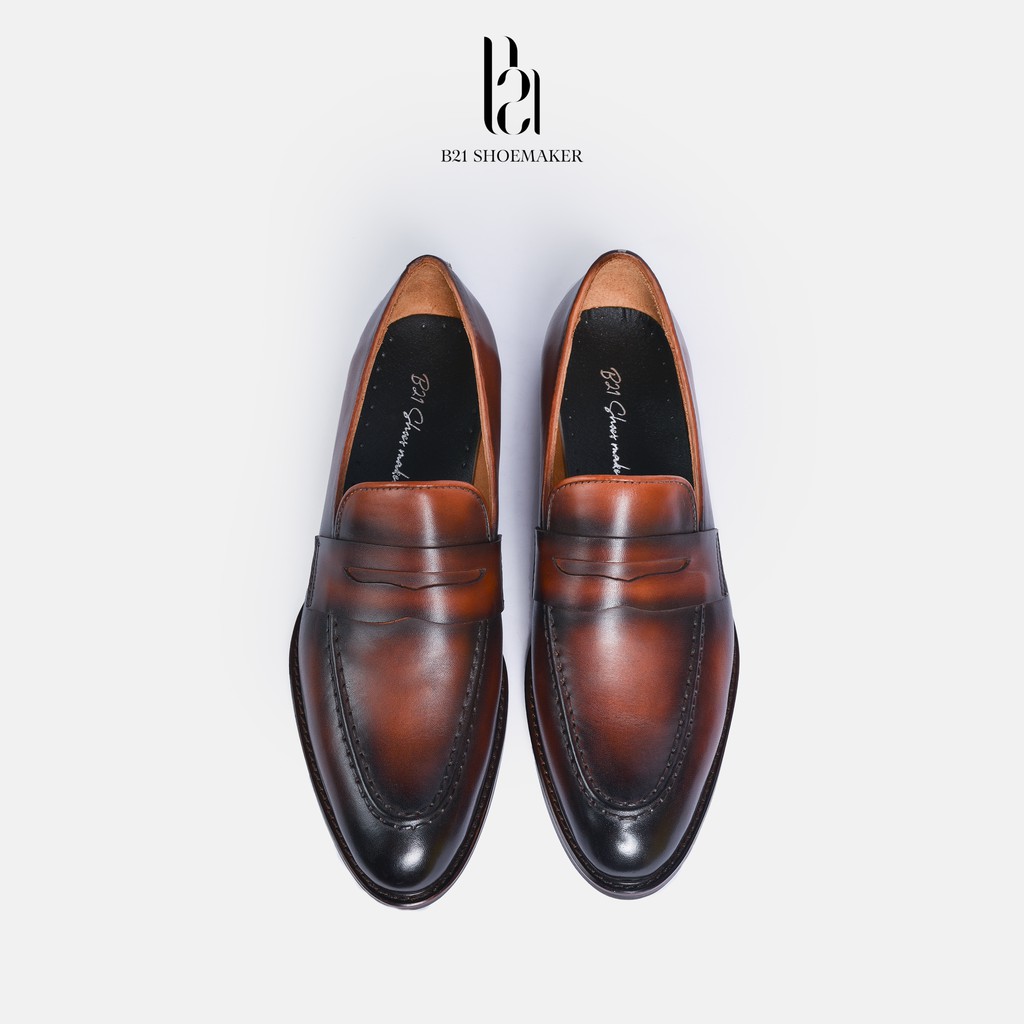 Giày Lười Loafer Da Bò Đánh Patina Đế Phíp Gỗ Lót Thoáng Khí 0,5cm Phong Cách CLASSIC Công Sở FULL BOX- B21 Shoemaker