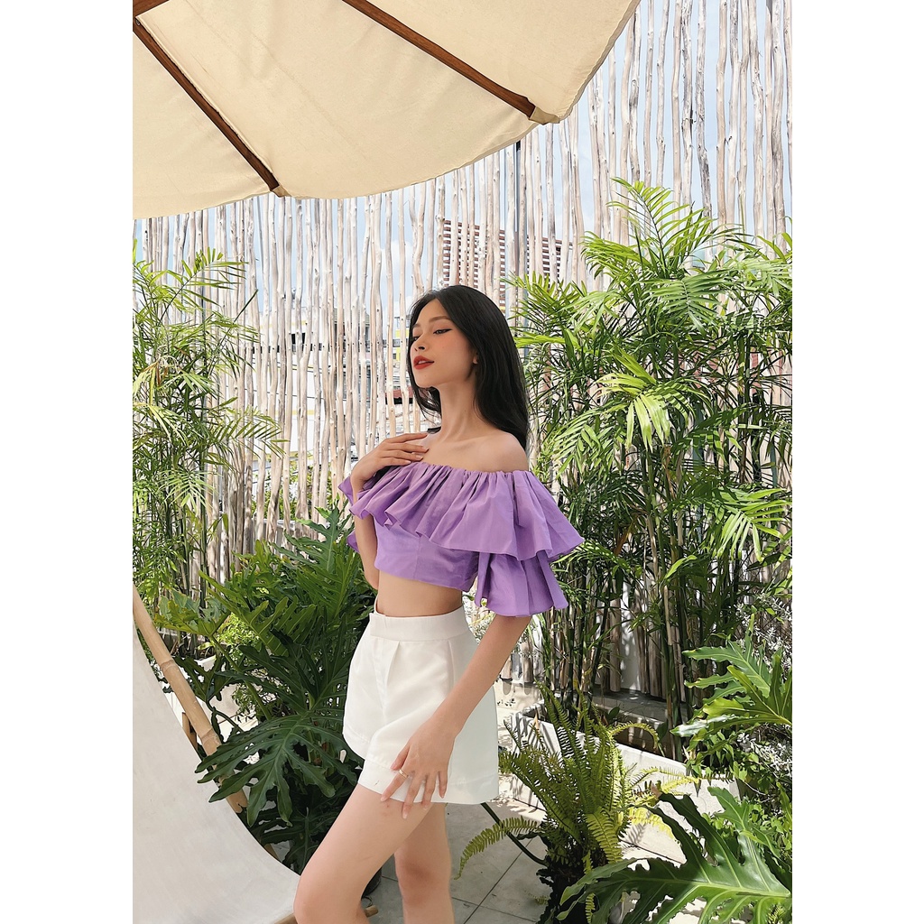 Anis_Áo croptop bẹt vai màu tím, tay phồng phần vai có thun co giãn, dây kéo phía sau Laphin Top