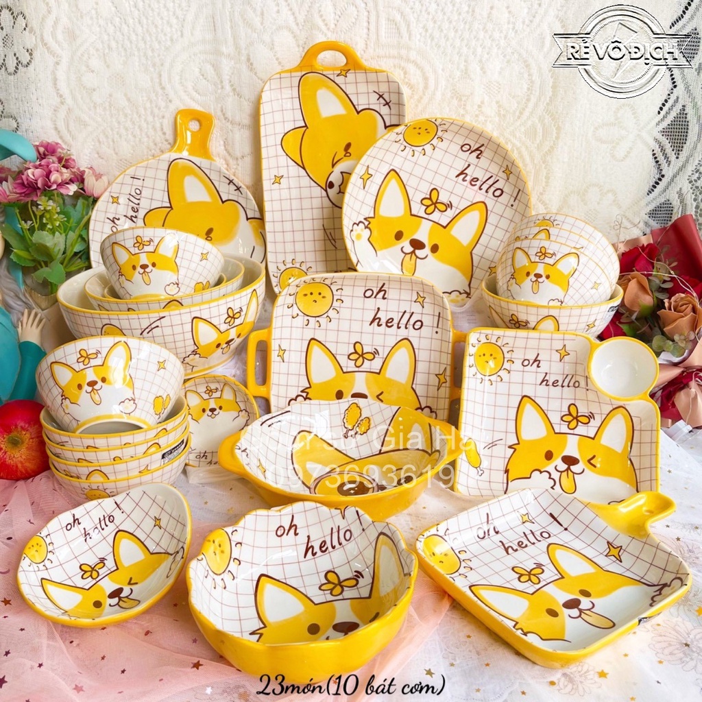 Set bộ Bát đĩa Chó Corgi siêu đáng yêu