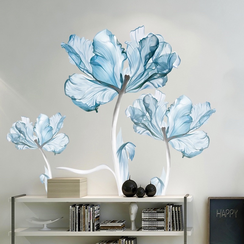 Decal dán tường phòng ngủ mẫu Hoa xanh trong ( kèm kích thước)