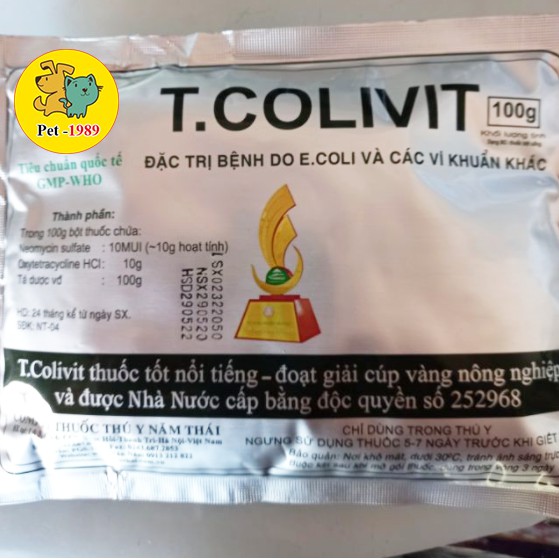 100g T.COLIVIT - đ-ặc tr- ị bệnh do E,coli và các vi khuẩn khác trên gia súc gia cầm Pet-1989