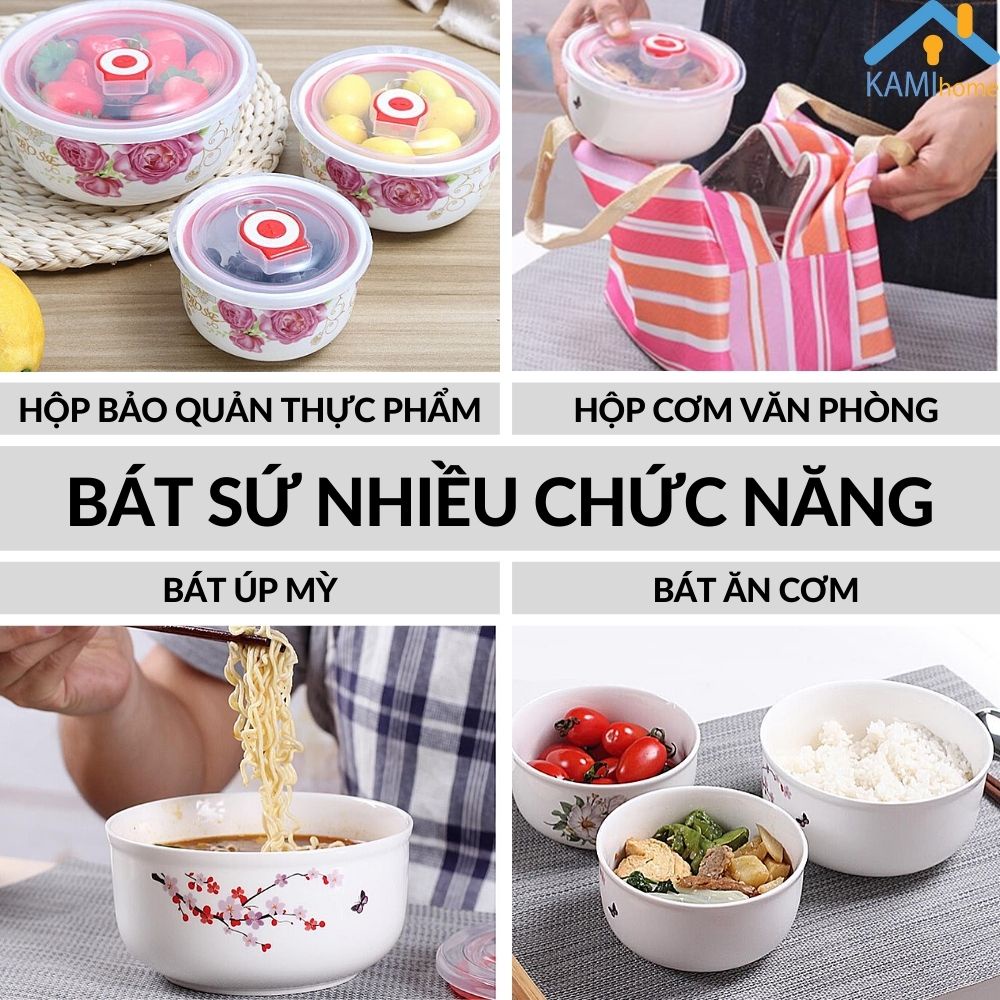 Hộp đựng cơm văn phòng gồm 3 bát Sứ chịu nhiệt-kiêm Hộp bảo quản thực phẩm Kami20020