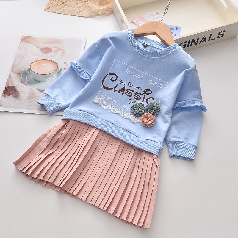 Váy BEAR LEADER cotton dài tay họa tiết chữ in hoa thời trang mùa thu Hàn Quốc mới cho bé 3-7 tuổi