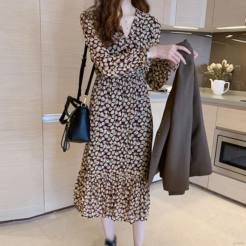 Đầm Dài Tay Họa Tiết Hoa Xinh Xắn Thời Trang Theo Phong Cách Pháp Dành Cho Nữ