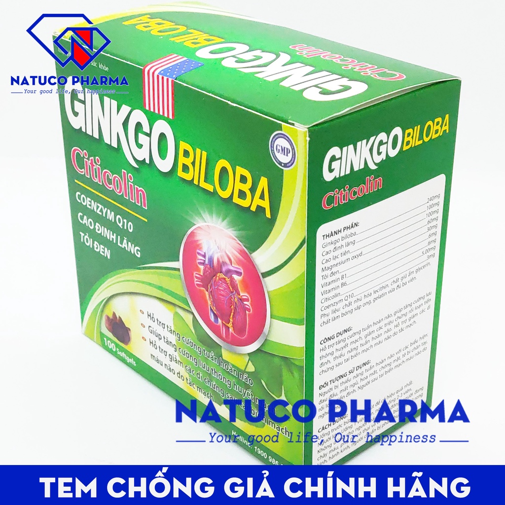 Ginkgo Biloba USA 240mg- hoạt huyết Tăng cường tuần hoàn não, giảm nguy cơ di chứng sau tai biến mạch máu não - Hộp 100V