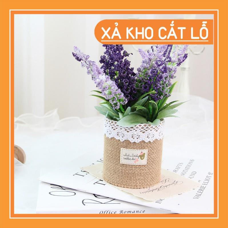 Hoa giả trang trí để bàn đẹp, hoa oải hương KHALIK - chậu hoa bằng vải bố - HF015