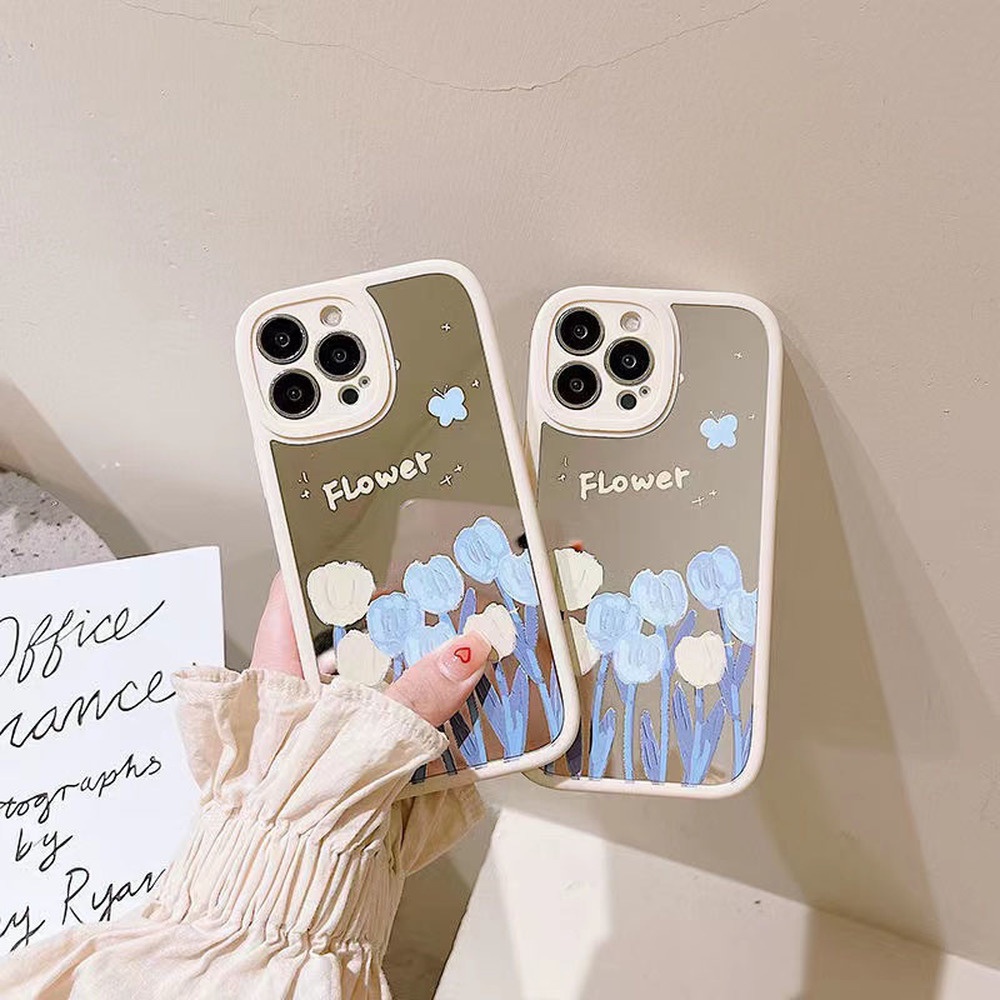 Ốp Điện Thoại TPU Dẻo Gắn Gương Trang Điểm Hình Hoa Tulip Cho IPhone 11 13 12 Pro Max 8 7 Plus X