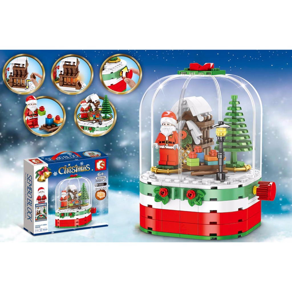 (CÓ SẴN) Lắp ráp mô hình noel Christmas sembo 601090 quả cầu tuyết ông già noel bên ngôi nhà gỗ có thể xoay và có đèn