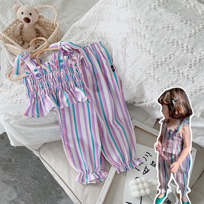 Bộ Áo Sát Nách Kẻ Sọc + Quần Dài Thời Trang Mùa Hè Cho Bé Gái Se7en