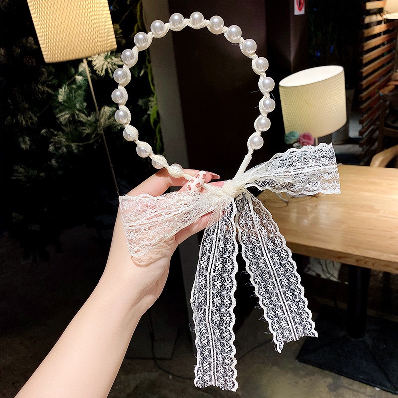 Băng Đô Cài Tóc Phối Ren Đính Ngọc Trai Thời Trang Hàn Quốc Cho Nữ