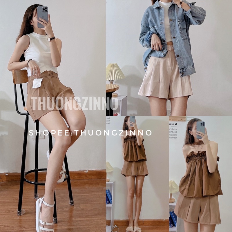 Quần sooc giả váy xếp li Quần đùi lưng cao tôn dáng