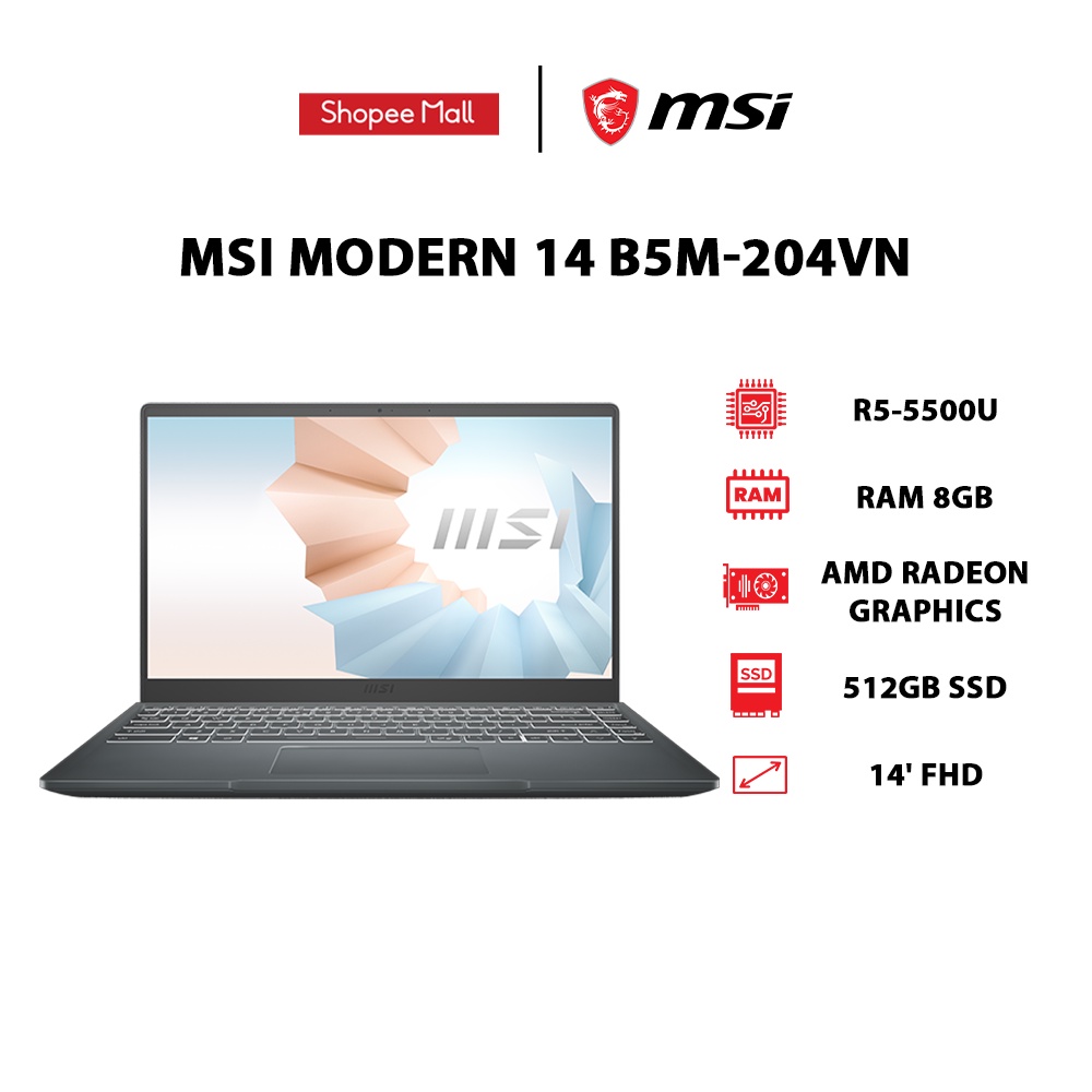 Laptop MSI Modern 14 B5M-204VN (R5-5500U | 8GB | 512GB | 14' FHD | Win 11)