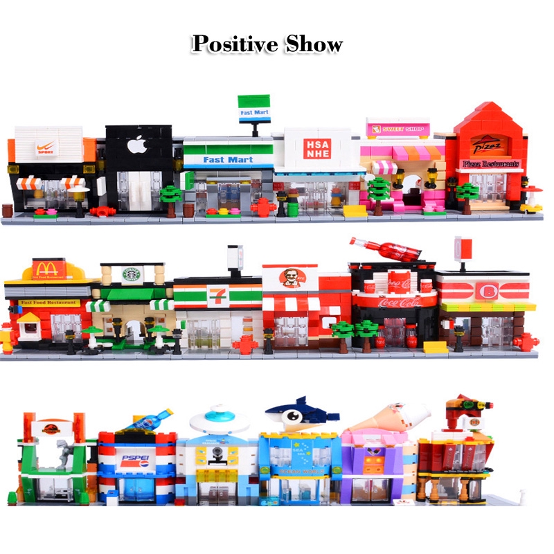 Hsanhe Mini City Chế độ xem phố Đồ ăn Kẹo Pizza Cửa hàng kem Hình khối Xây dựng Lego Món quà tương thích cho trẻ em