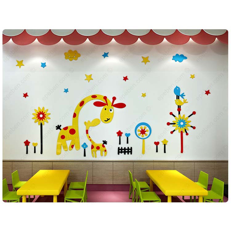 Tranh dán tường mica 3d decor khổ lớn hươu cao cổ trong vườn thú trang trí mầm non, phòng cho bé Nhiều Size - EPeBen