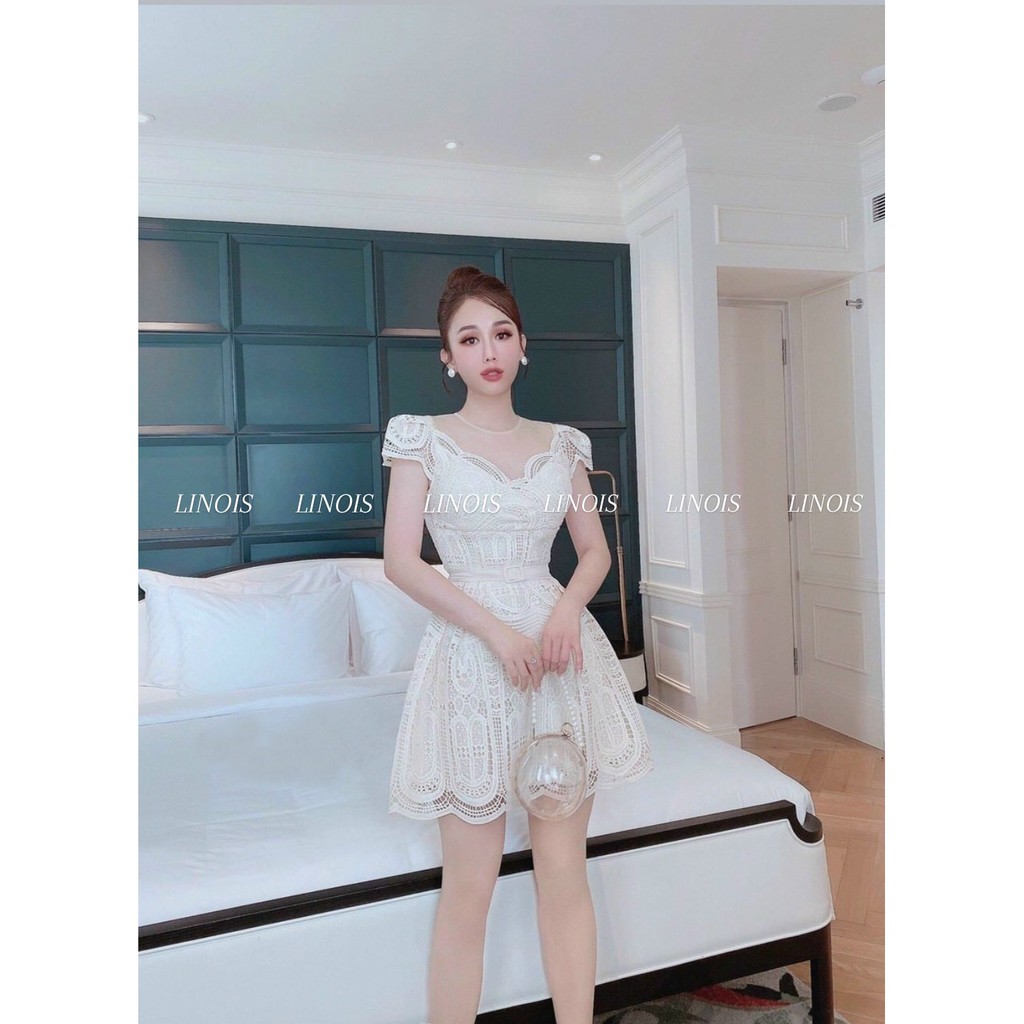 Đầm Dự Tiệc Dáng Xòe Cổ V Tay Ngắn Phồng Bo Eo - Vải Ren - 2 Màu Trắng, Nude - Dành Cho Nàng Dự Tiệc - ẢNH THẬT