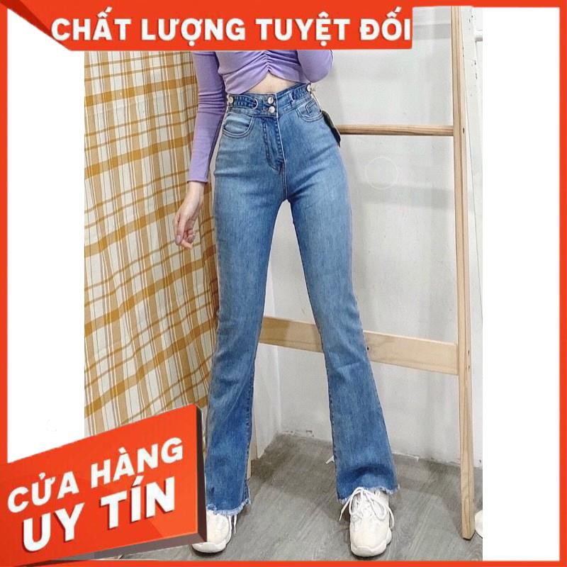 QUẦN JEANS DÀI ỐNG LOE NHẸ CO GIÃN LƯNG CAO 2 Nút- ảnh thật toàn bộ