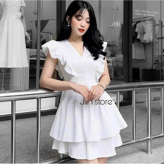 Đầm nude tay tiên bèo xếp ly eo tầng