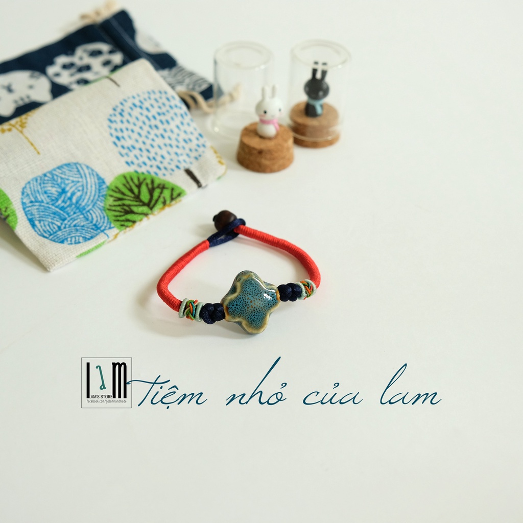 Vòng tay handmade hạt gốm dẹp unisex dây bện thủ công size ~19cm