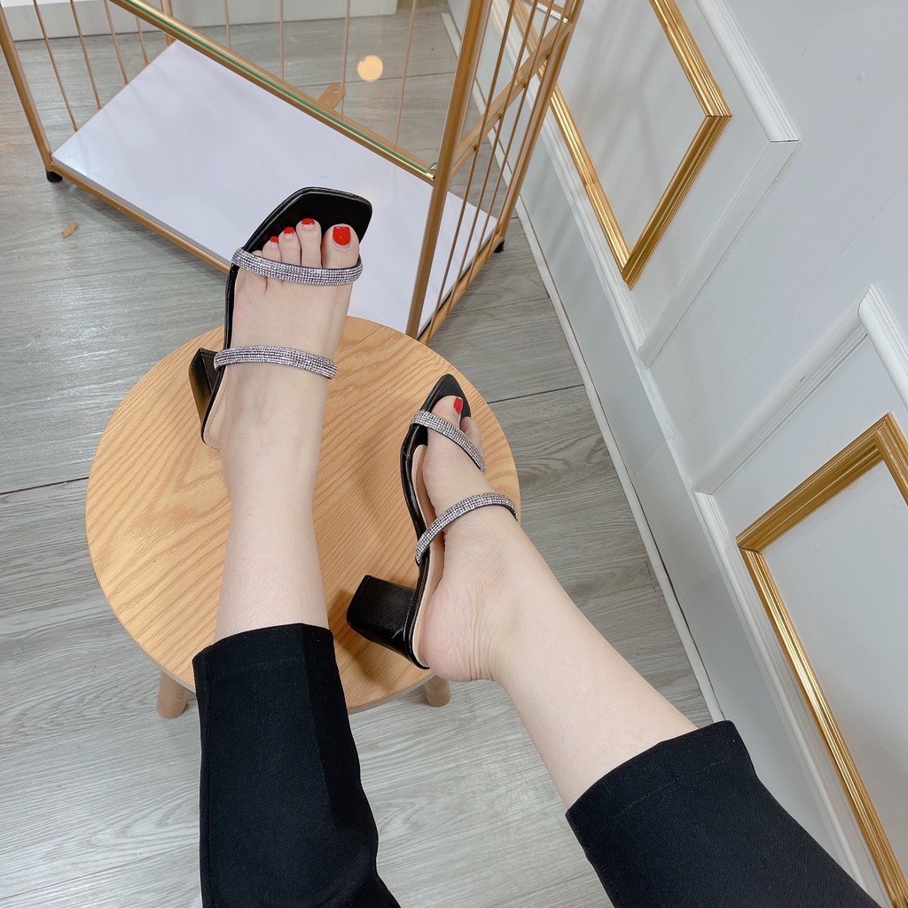 Guốc nữ 7 phân đế vuông đính ngọc tiểu thư Thiên Hương Giày VNXK BP45L152 Dép cao gót Sandal 7p cm 3 màu trắng đen bạc