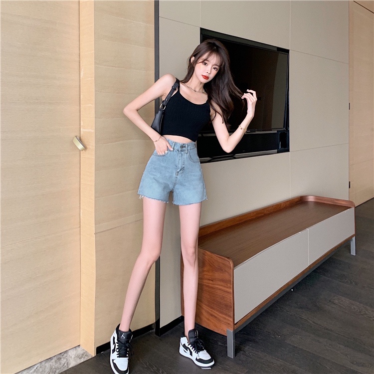 Quần Short Denim Lưng Cao Ống Rộng Theo Phong Cách Retro Hàn Quốc