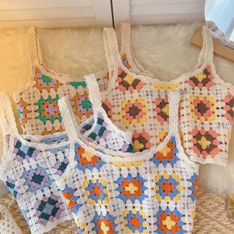 Áo Croptop Dệt Kim Không Tay Thiết Kế Rỗng Nhiều Màu Sắc Phong Cách Retro Dành Cho Nữ