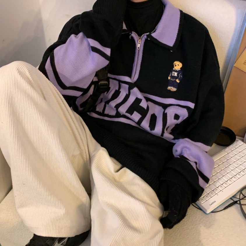 Áo thun polo dệt kim tay dài in chữ phong cách Hàn Quốc thời trang cho nam nữ áo len dệt kim Unisex có ve áo thời trang áo len dệt kim cặp đôi giản dị form rộng hàng đầu