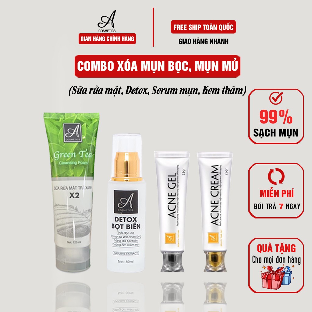 Bộ 3 sản phẩm thải độc, ngăn ngừa mụn Acosmetics: Sữa rửa mặt trà xanh + Detox bọt biển và Kem loại bỏ mụn siêu tốc