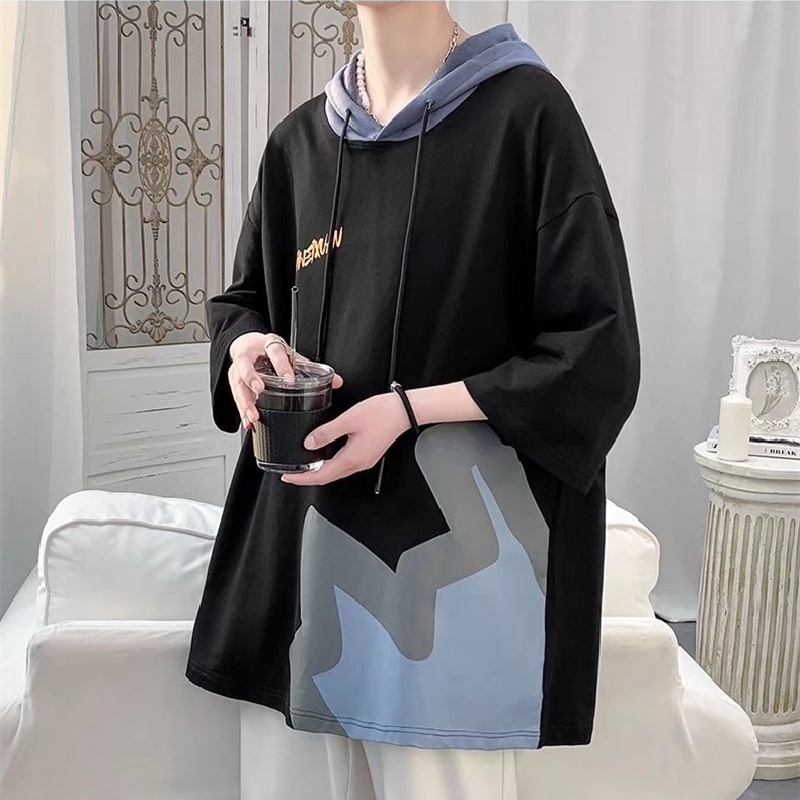 Áo Hoodie Tay Ngắn Dáng Rộng In Chữ Phong Cách Hàn Quốc Thời Trang Cho Nam Size M-3XL
