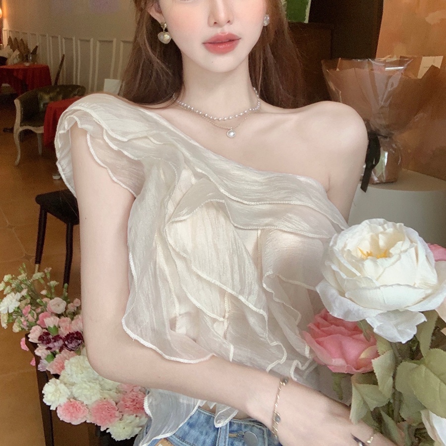 Áo Kiểu Vải Voan Không Tay Hở Vai Màu Trơn Thời Trang Mùa Hè Dành Cho Nữ