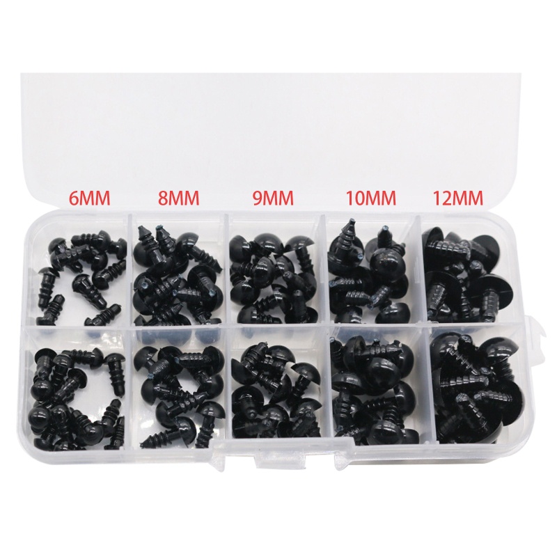 Set 100 Mắt Nhựa Màu Đen Nhiều Kích Cỡ Cho Búp Bê