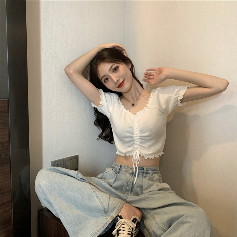 croptop nữ mùa hè 2021 phong cách mới bong bóng mộc nhĩ ngắn tay dây rút áo len cổ chữ V hở rốn