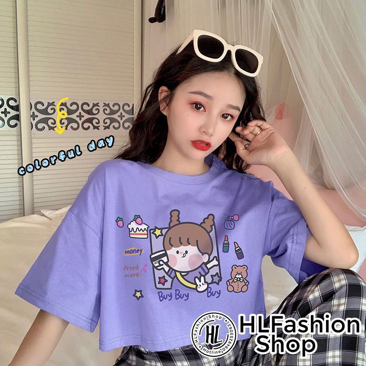 Áo croptop thun nữ bé gái đi mua sắm cực xinh, áo thun nữ HLFashion | BigBuy360 - bigbuy360.vn