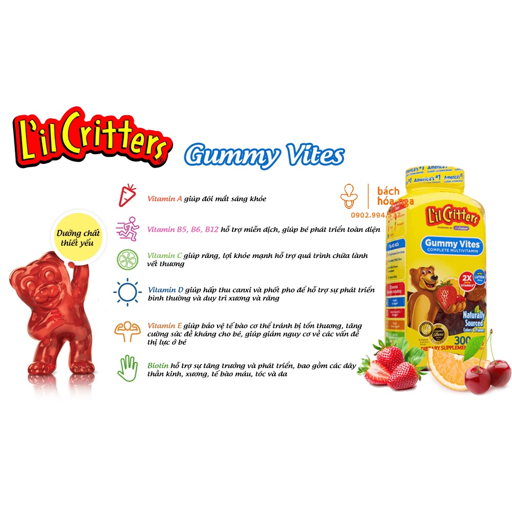 [Từ 2 tuổi trở lên]Kẹo Dẻo Gummy Vites L'il Critters Con Gấu Bổ Sung Các Loại Vitamin Hộp 300 viên